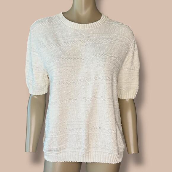 Classic Elements Sweaters - Classic Elements Vintage Short Sleeves Cotton Cable Knit Sweater Womens L White